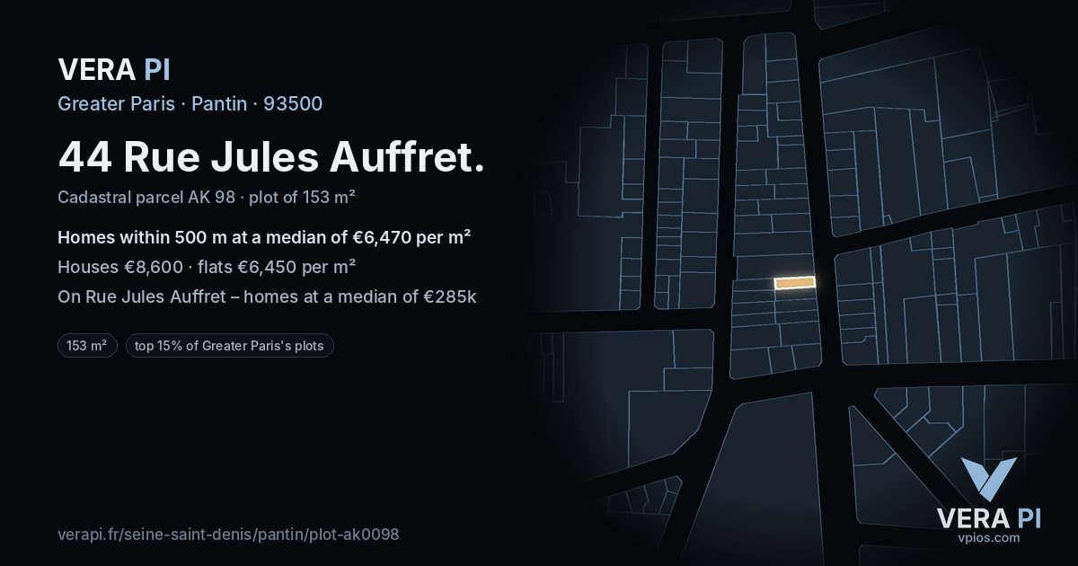 44 Rue Jules Auffret, Pantin at night – the plot lit, the parcels around coloured by the prices near them