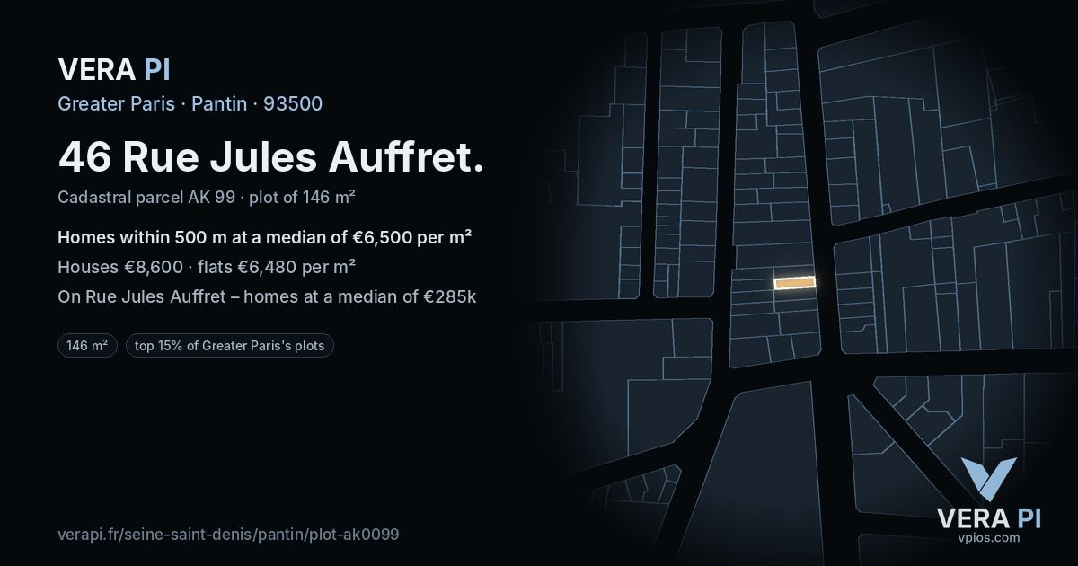 46 Rue Jules Auffret, Pantin at night – the plot lit, the parcels around coloured by the prices near them