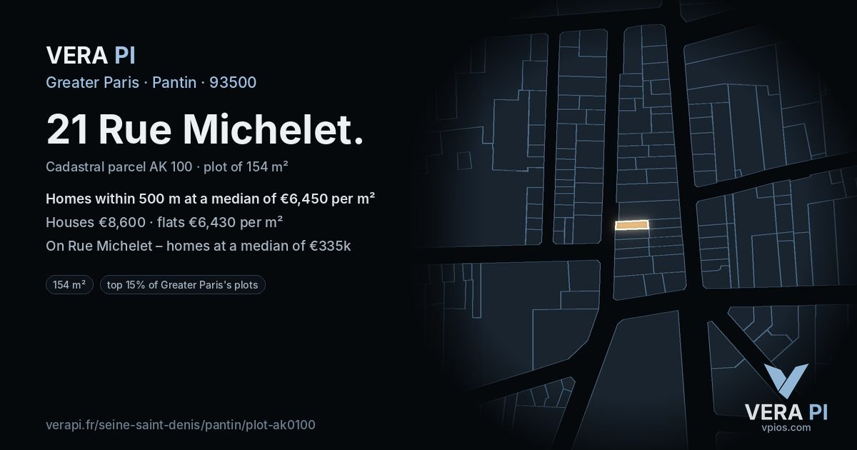 21 Rue Michelet, Pantin at night – the plot lit, the parcels around coloured by the prices near them