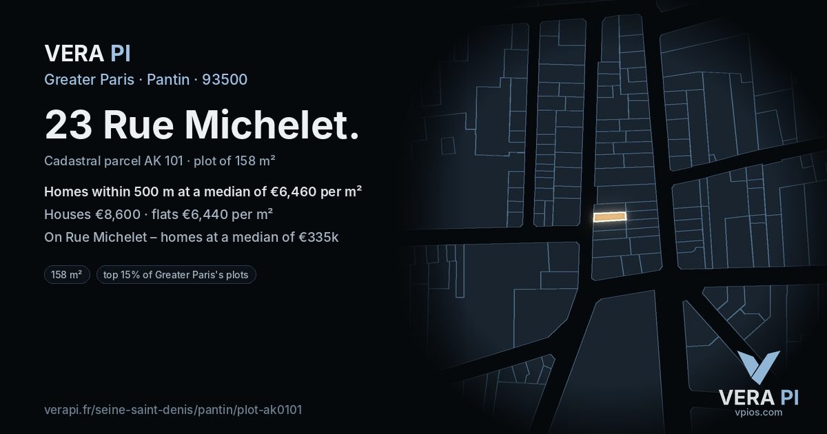 23 Rue Michelet, Pantin at night – the plot lit, the parcels around coloured by the prices near them