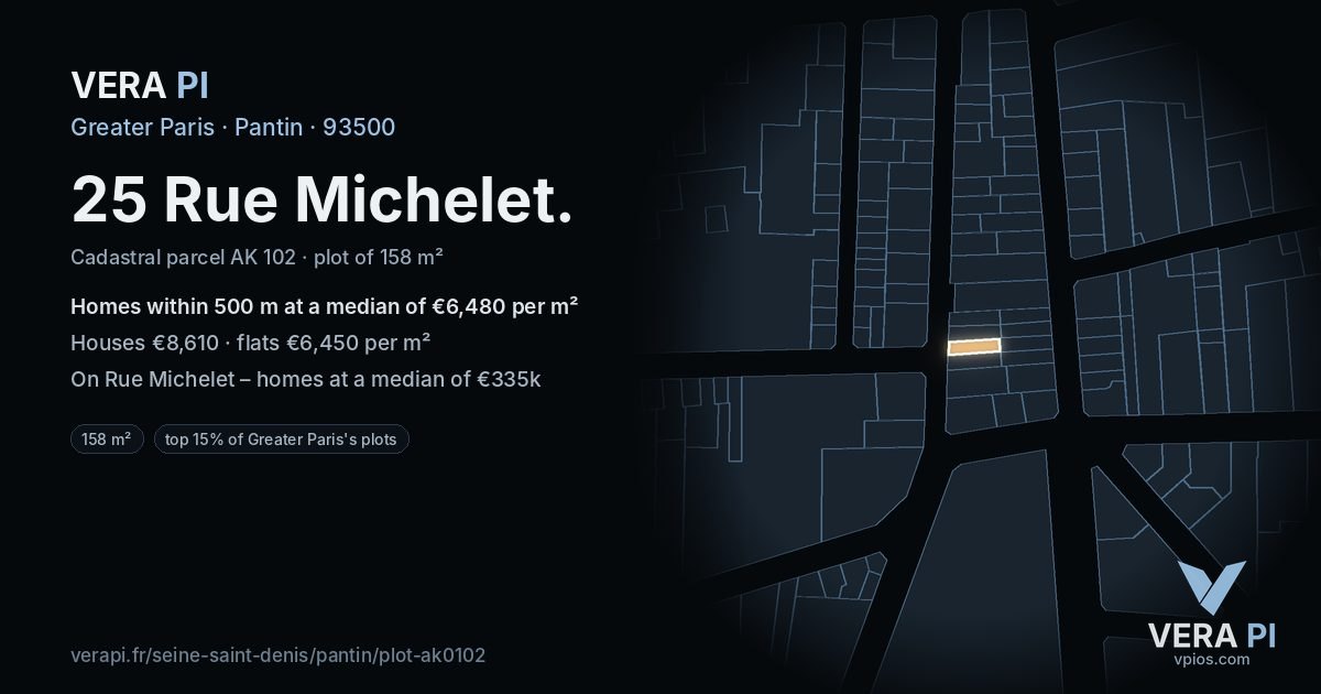 25 Rue Michelet, Pantin at night – the plot lit, the parcels around coloured by the prices near them