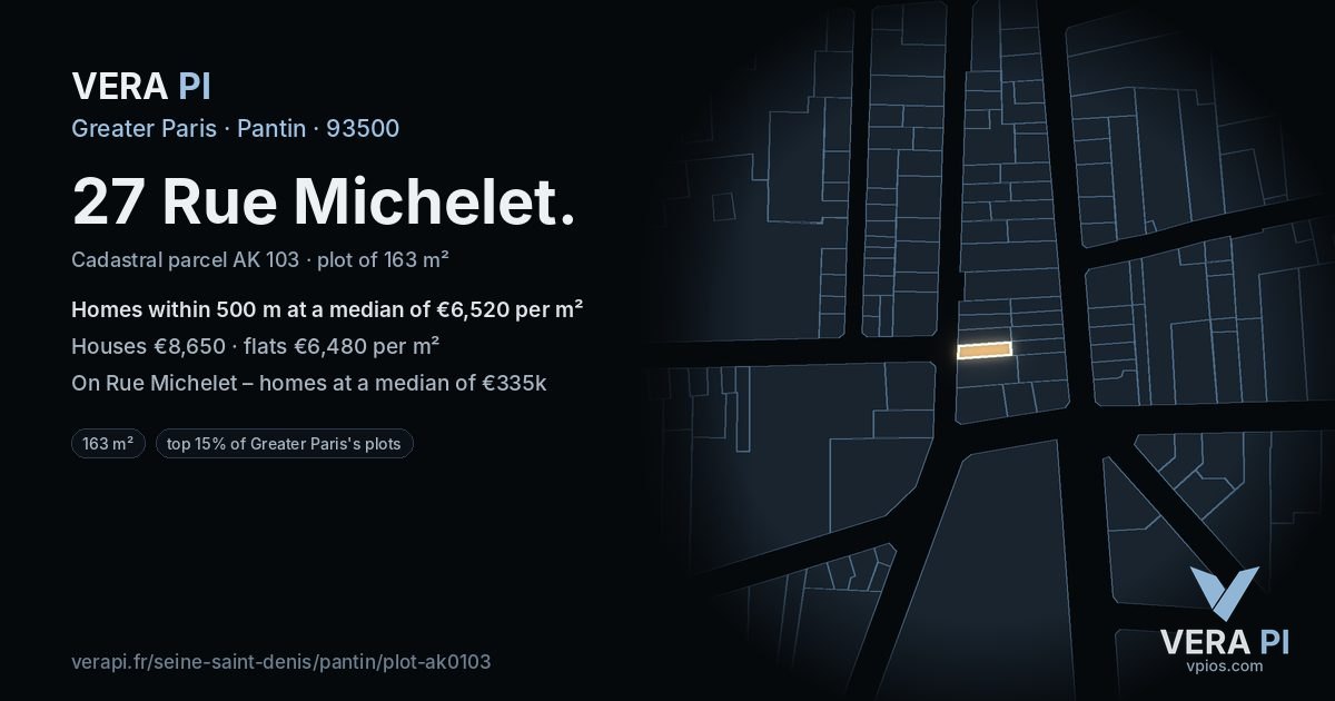 27 Rue Michelet, Pantin at night – the plot lit, the parcels around coloured by the prices near them