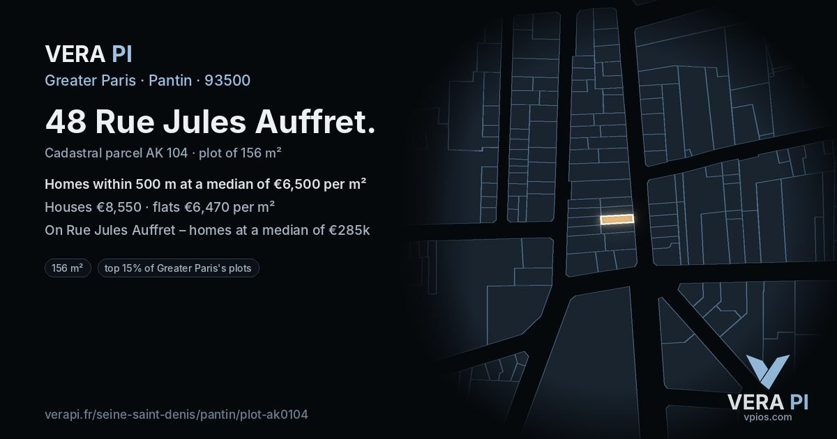 48 Rue Jules Auffret, Pantin at night – the plot lit, the parcels around coloured by the prices near them