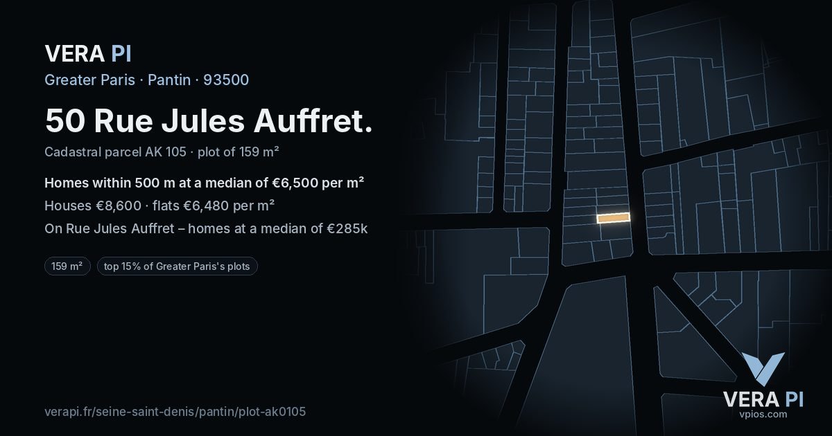 50 Rue Jules Auffret, Pantin at night – the plot lit, the parcels around coloured by the prices near them