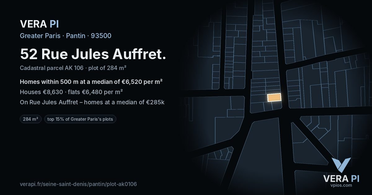 52 Rue Jules Auffret, Pantin at night – the plot lit, the parcels around coloured by the prices near them