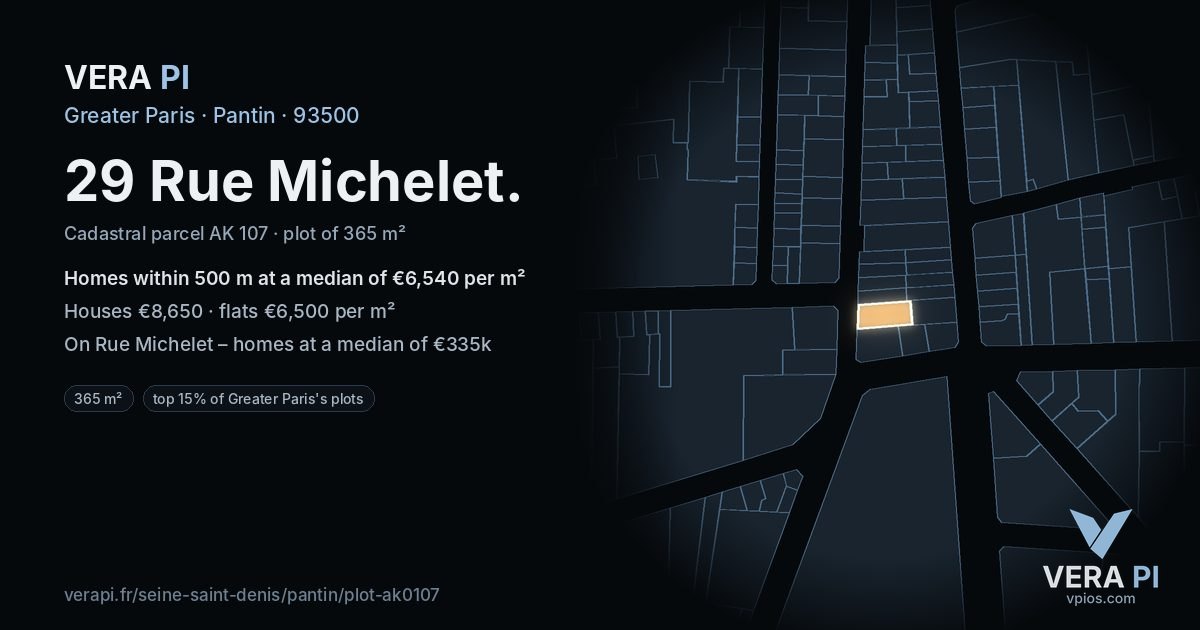 29 Rue Michelet, Pantin at night – the plot lit, the parcels around coloured by the prices near them