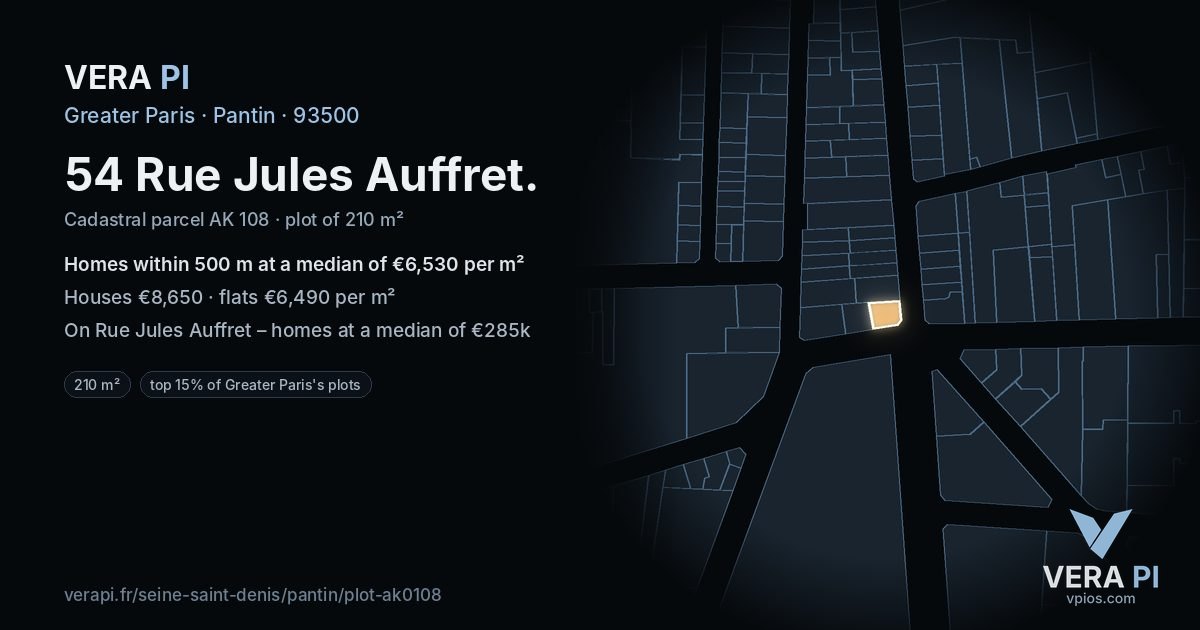 54 Rue Jules Auffret, Pantin at night – the plot lit, the parcels around coloured by the prices near them