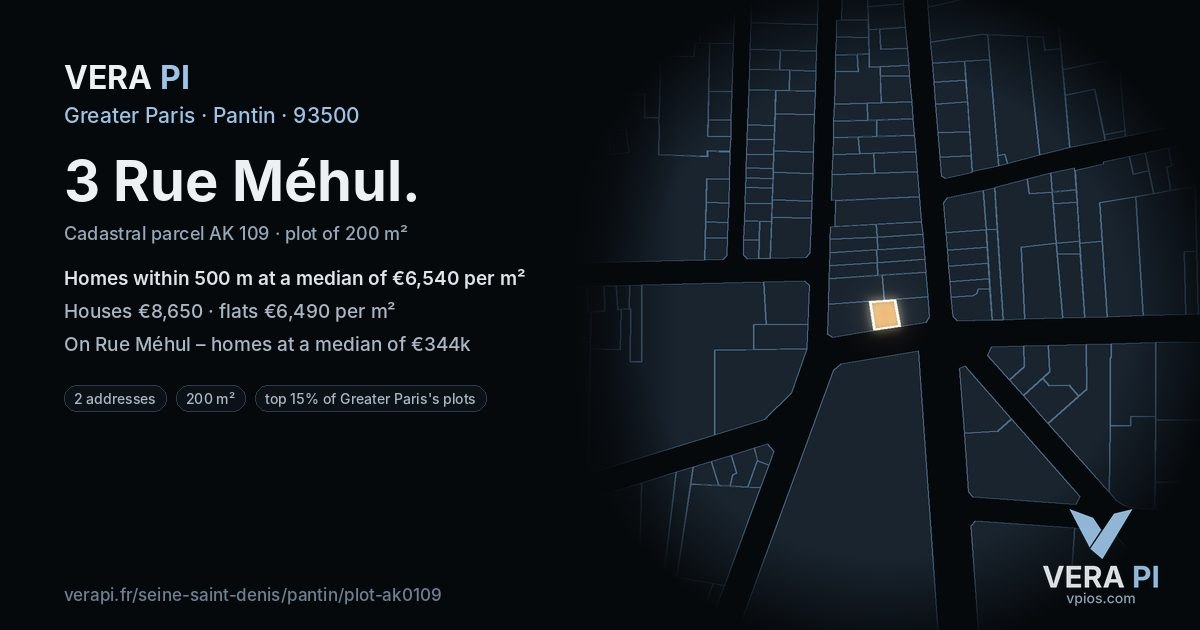 3 Rue Méhul, Pantin at night – the plot lit, the parcels around coloured by the prices near them