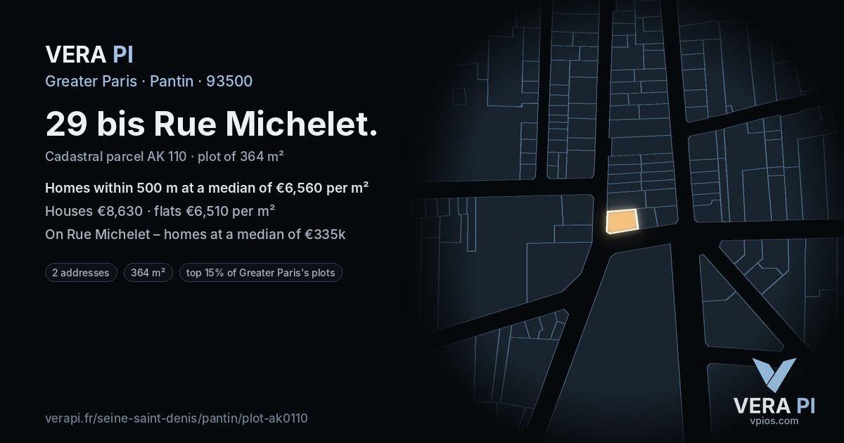 29 bis Rue Michelet, Pantin at night – the plot lit, the parcels around coloured by the prices near them