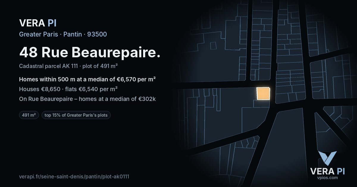 48 Rue Beaurepaire, Pantin at night – the plot lit, the parcels around coloured by the prices near them