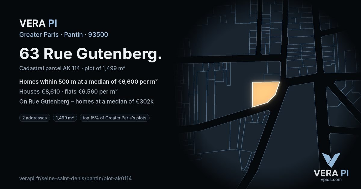 63 Rue Gutenberg, Pantin at night – the plot lit, the parcels around coloured by the prices near them