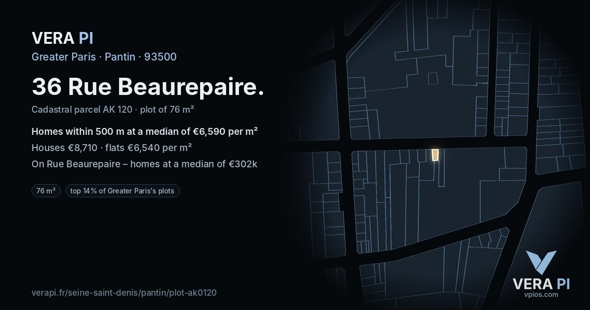 36 Rue Beaurepaire, Pantin at night – the plot lit, the parcels around coloured by the prices near them