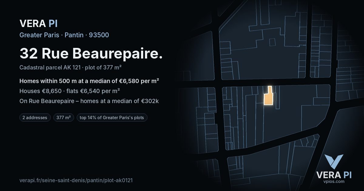 32 Rue Beaurepaire, Pantin at night – the plot lit, the parcels around coloured by the prices near them