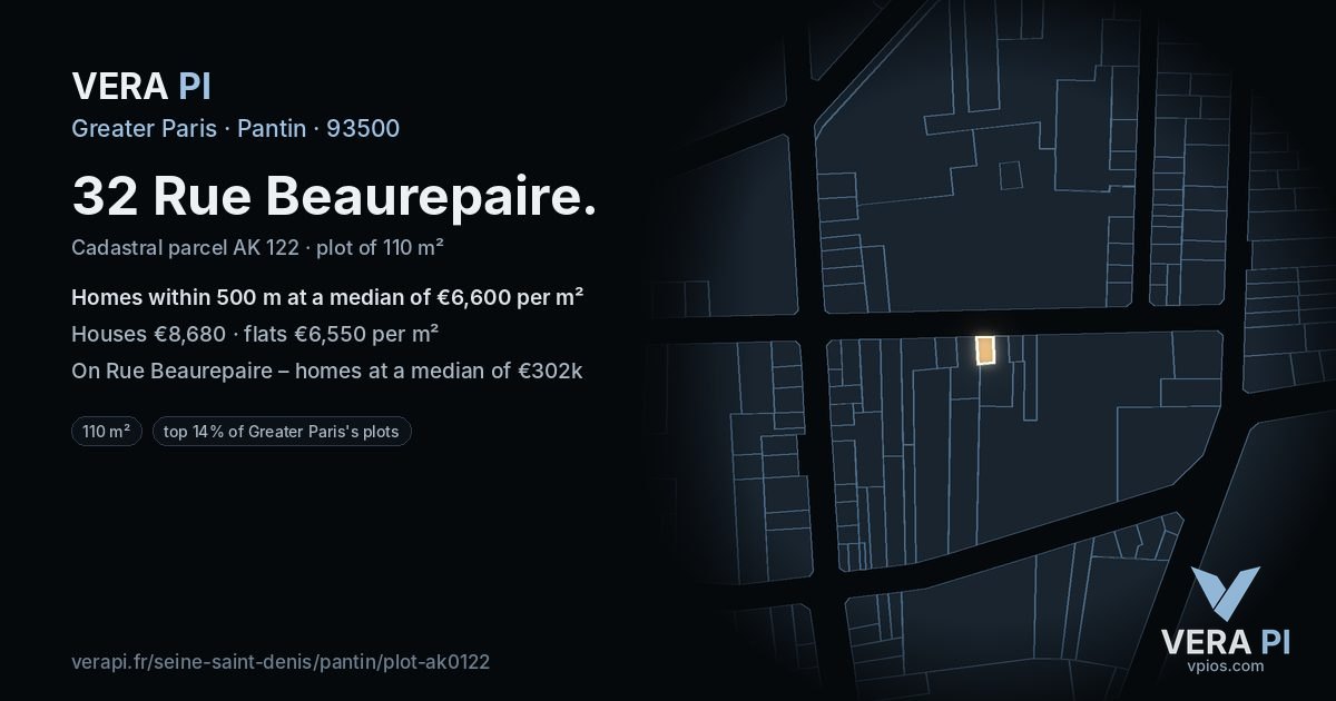 32 Rue Beaurepaire, Pantin at night – the plot lit, the parcels around coloured by the prices near them