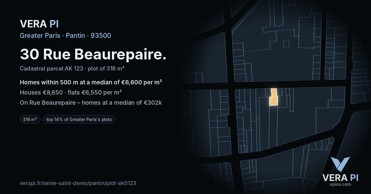 30 Rue Beaurepaire, Pantin at night – the plot lit, the parcels around coloured by the prices near them