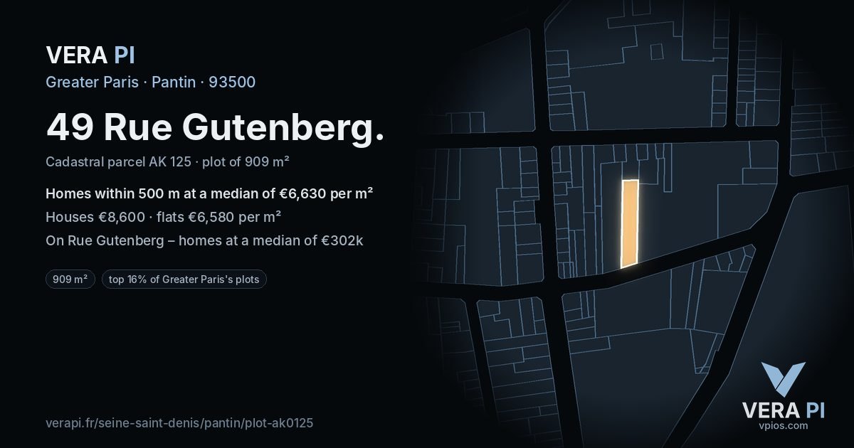 49 Rue Gutenberg, Pantin at night – the plot lit, the parcels around coloured by the prices near them