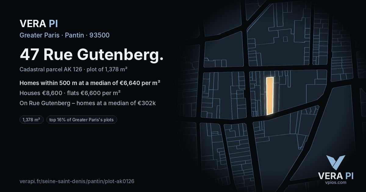 47 Rue Gutenberg, Pantin at night – the plot lit, the parcels around coloured by the prices near them
