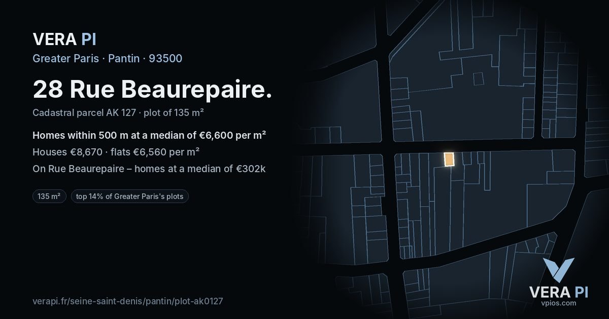 28 Rue Beaurepaire, Pantin at night – the plot lit, the parcels around coloured by the prices near them