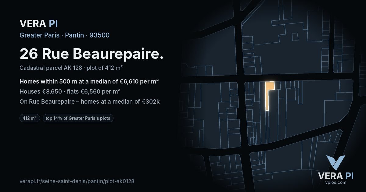 26 Rue Beaurepaire, Pantin at night – the plot lit, the parcels around coloured by the prices near them