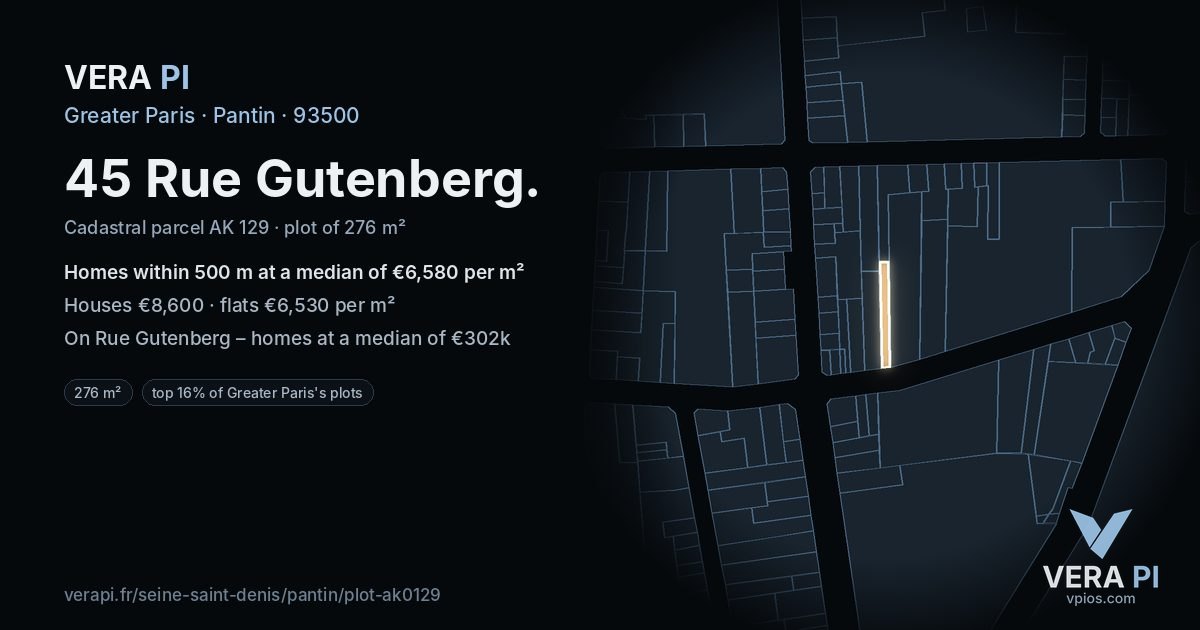 45 Rue Gutenberg, Pantin at night – the plot lit, the parcels around coloured by the prices near them