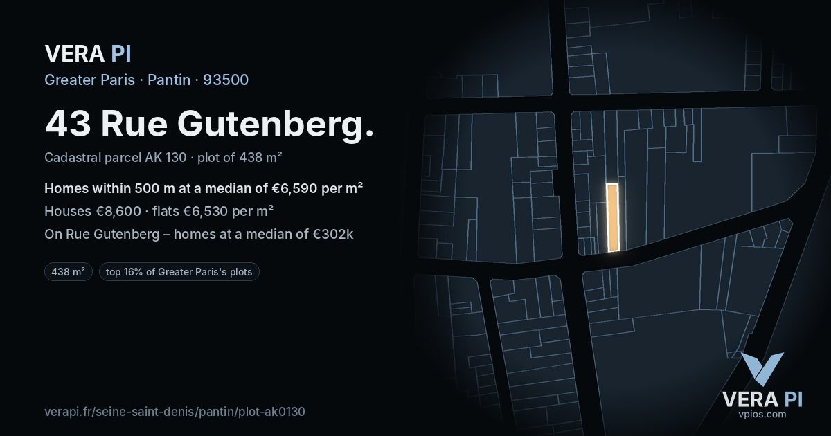 43 Rue Gutenberg, Pantin at night – the plot lit, the parcels around coloured by the prices near them