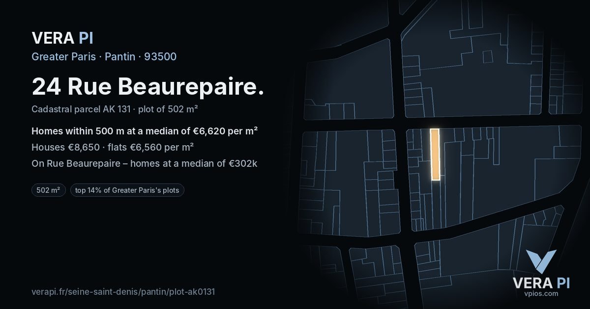 24 Rue Beaurepaire, Pantin at night – the plot lit, the parcels around coloured by the prices near them