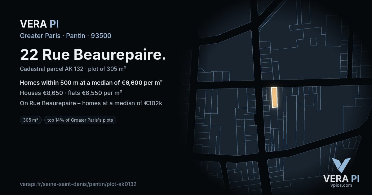 22 Rue Beaurepaire, Pantin at night – the plot lit, the parcels around coloured by the prices near them