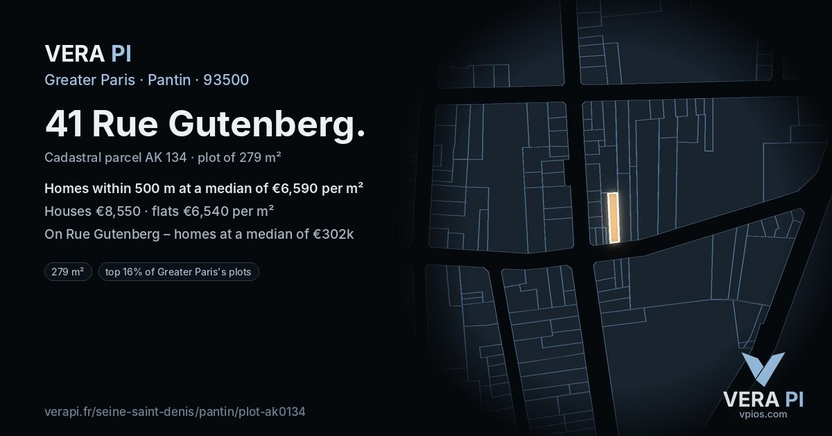 41 Rue Gutenberg, Pantin at night – the plot lit, the parcels around coloured by the prices near them