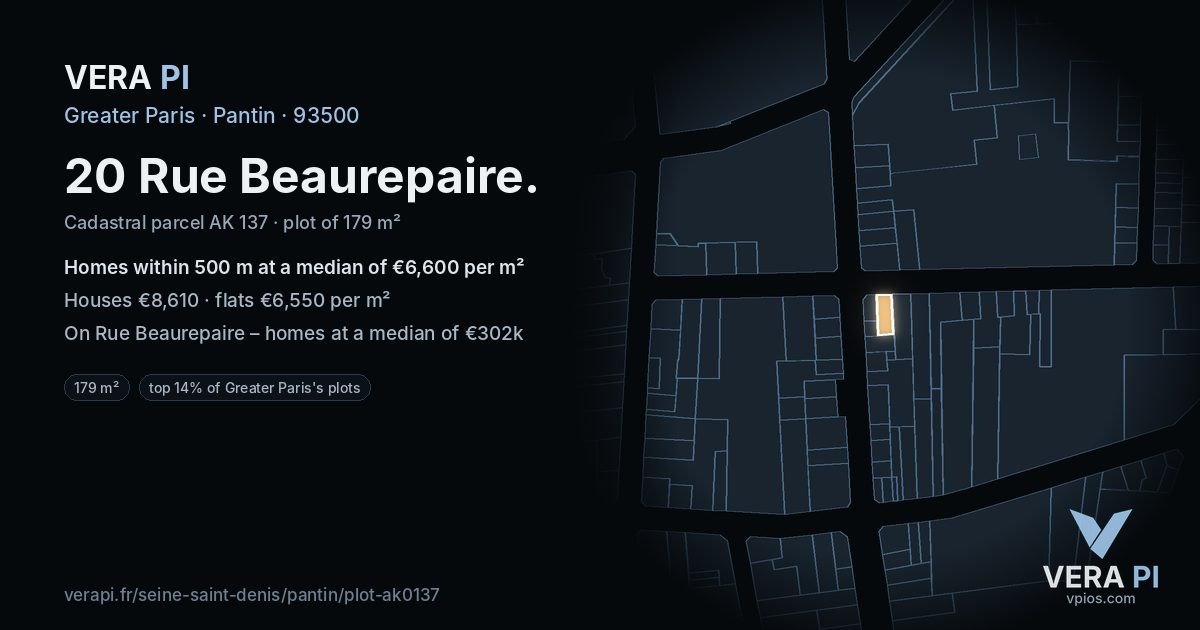 20 Rue Beaurepaire, Pantin at night – the plot lit, the parcels around coloured by the prices near them