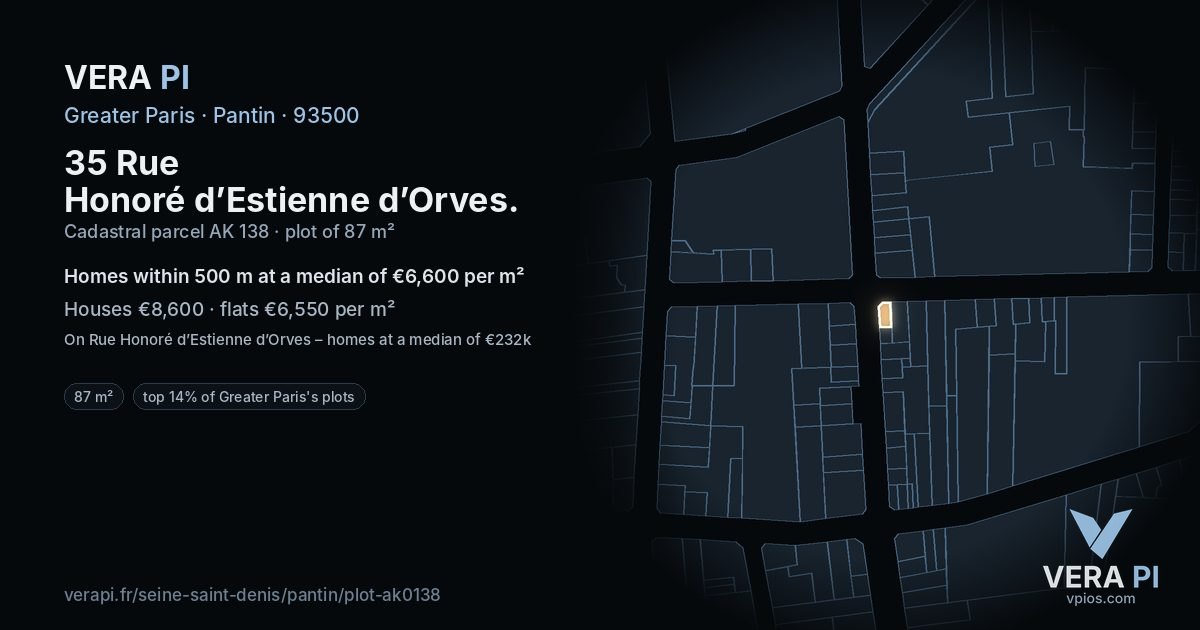 35 Rue Honoré d’Estienne d’Orves, Pantin at night – the plot lit, the parcels around coloured by the prices near them