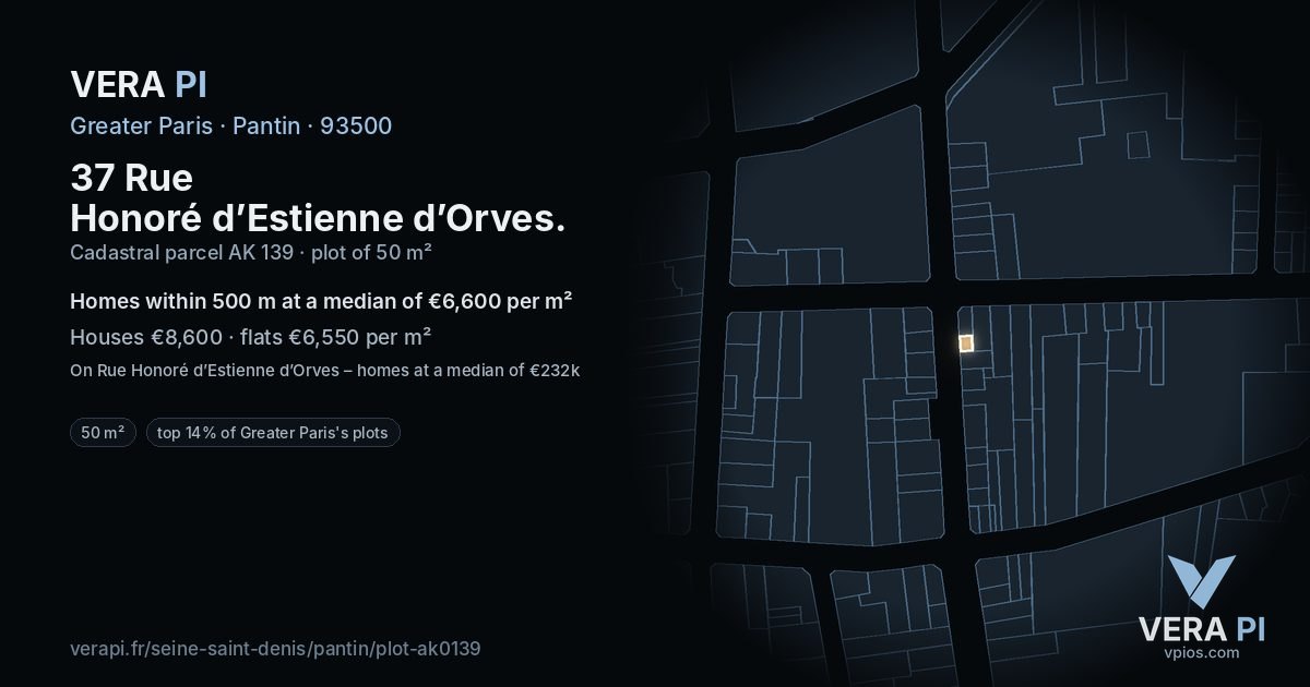 37 Rue Honoré d’Estienne d’Orves, Pantin at night – the plot lit, the parcels around coloured by the prices near them