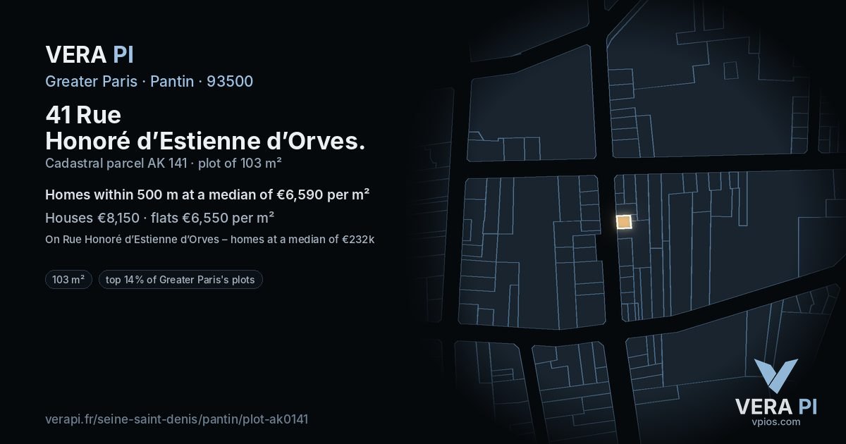 41 Rue Honoré d’Estienne d’Orves, Pantin at night – the plot lit, the parcels around coloured by the prices near them