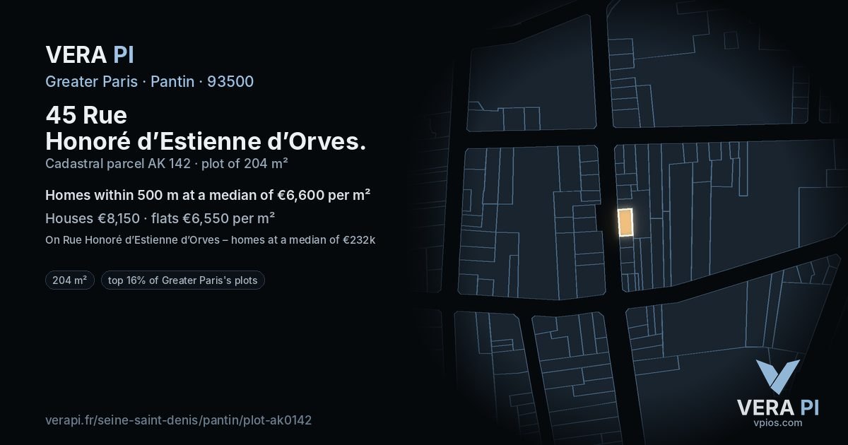 45 Rue Honoré d’Estienne d’Orves, Pantin at night – the plot lit, the parcels around coloured by the prices near them