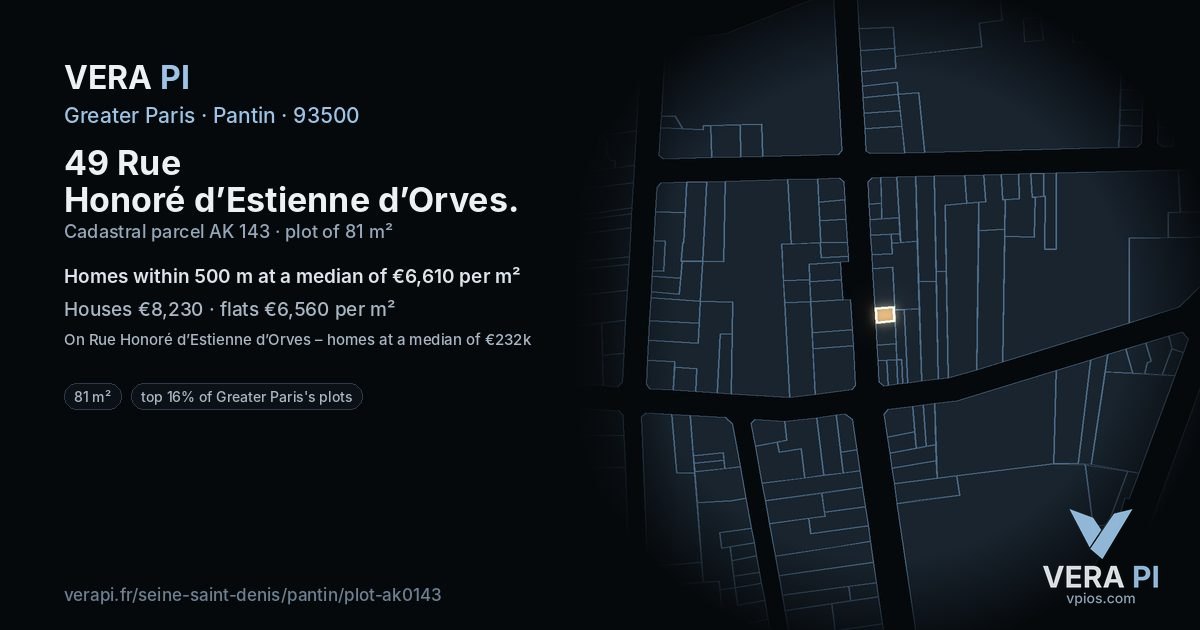 49 Rue Honoré d’Estienne d’Orves, Pantin at night – the plot lit, the parcels around coloured by the prices near them