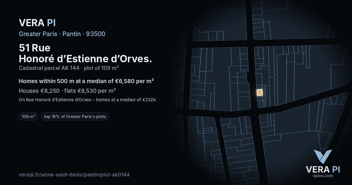 51 Rue Honoré d’Estienne d’Orves, Pantin at night – the plot lit, the parcels around coloured by the prices near them