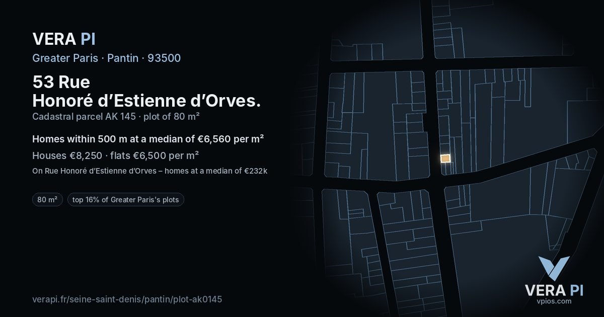 53 Rue Honoré d’Estienne d’Orves, Pantin at night – the plot lit, the parcels around coloured by the prices near them