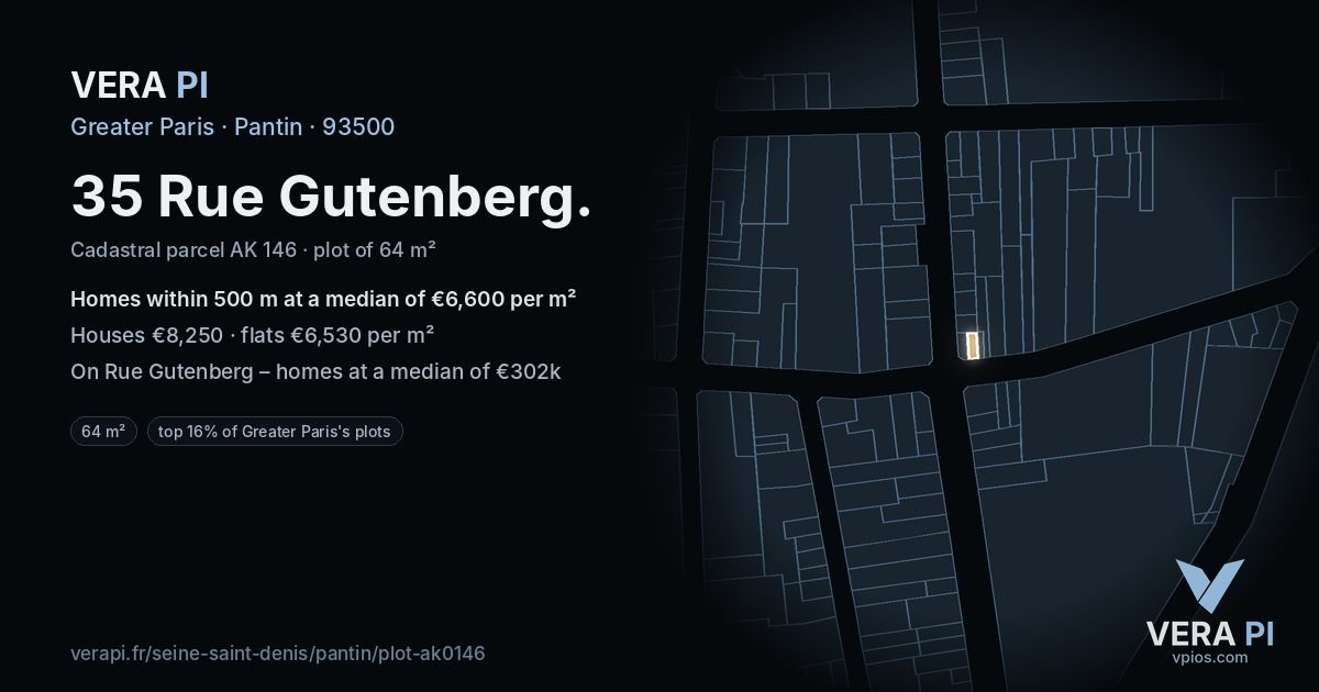 35 Rue Gutenberg, Pantin at night – the plot lit, the parcels around coloured by the prices near them