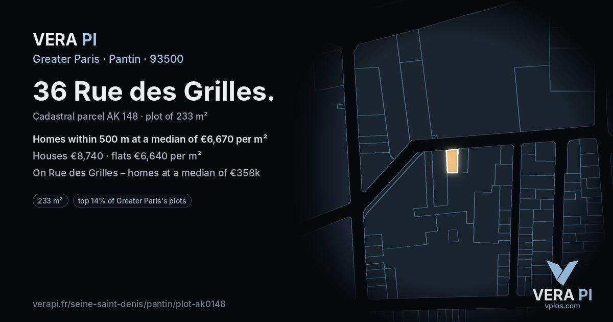36 Rue des Grilles, Pantin at night – the plot lit, the parcels around coloured by the prices near them