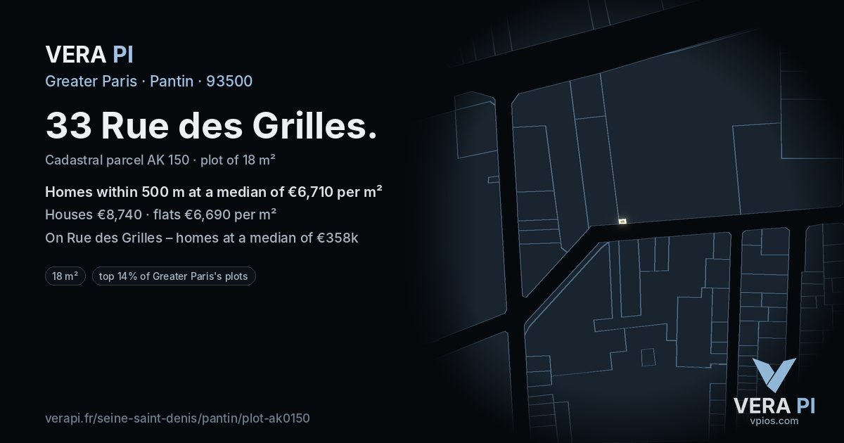 33 Rue des Grilles, Pantin at night – the plot lit, the parcels around coloured by the prices near them