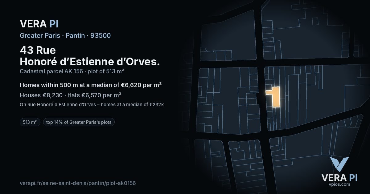 43 Rue Honoré d’Estienne d’Orves, Pantin at night – the plot lit, the parcels around coloured by the prices near them