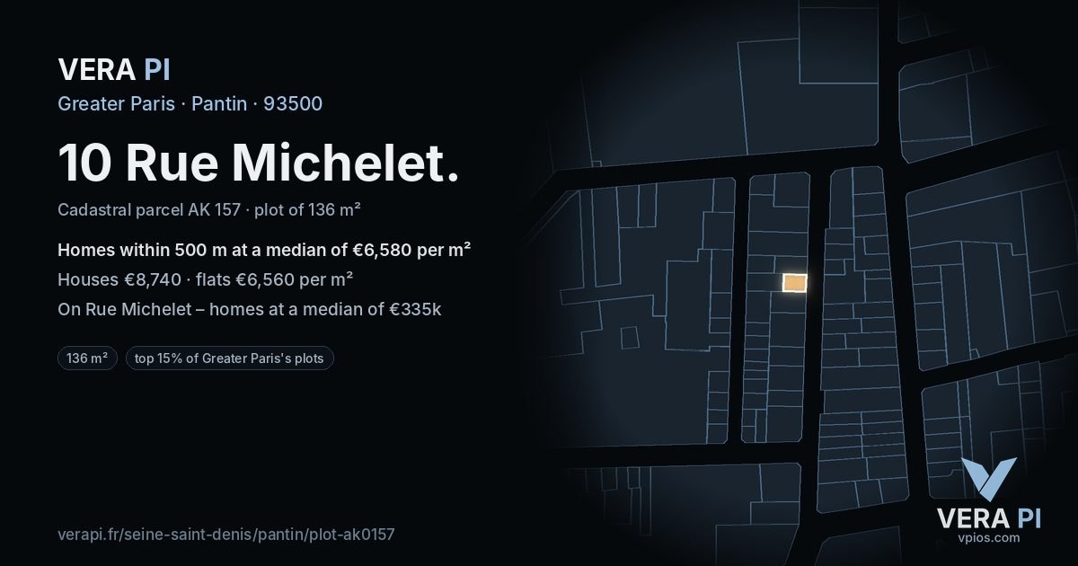 10 Rue Michelet, Pantin at night – the plot lit, the parcels around coloured by the prices near them
