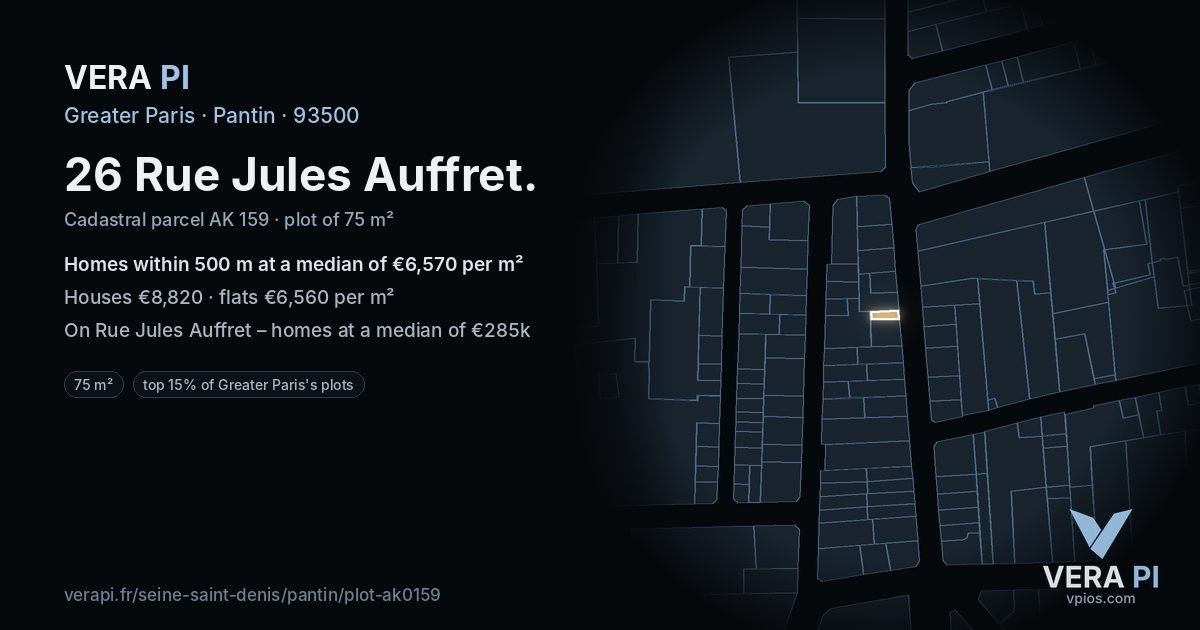 26 Rue Jules Auffret, Pantin at night – the plot lit, the parcels around coloured by the prices near them