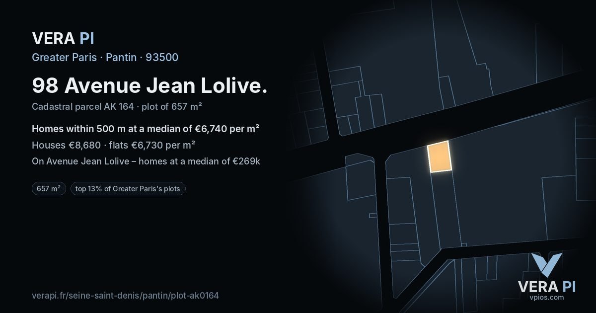 98 Avenue Jean Lolive, Pantin at night – the plot lit, the parcels around coloured by the prices near them
