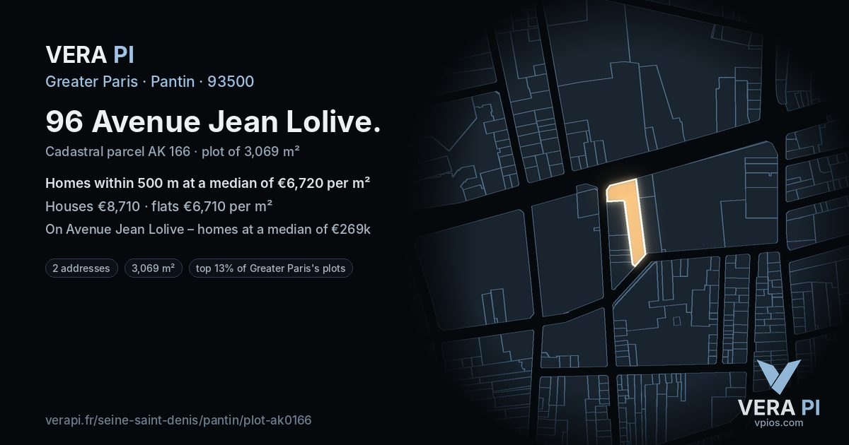 96 Avenue Jean Lolive, Pantin at night – the plot lit, the parcels around coloured by the prices near them