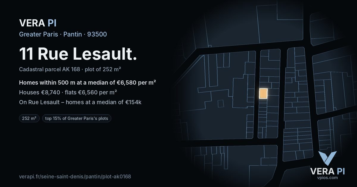 11 Rue Lesault, Pantin at night – the plot lit, the parcels around coloured by the prices near them
