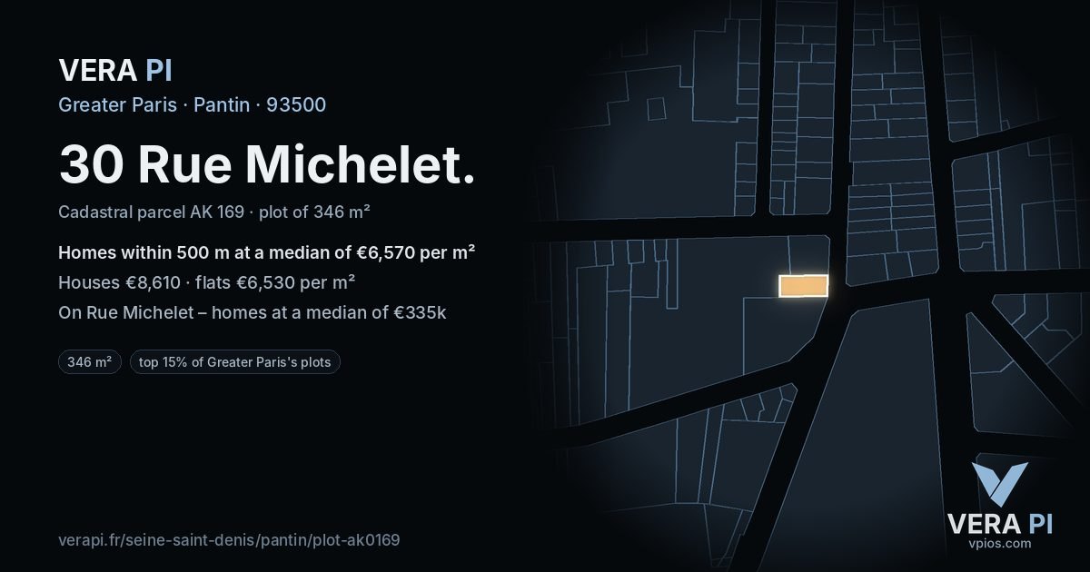 30 Rue Michelet, Pantin at night – the plot lit, the parcels around coloured by the prices near them