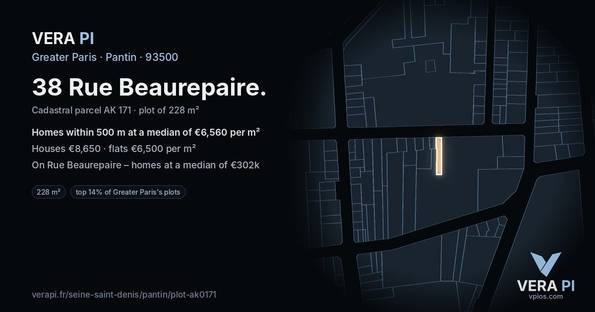 38 Rue Beaurepaire, Pantin at night – the plot lit, the parcels around coloured by the prices near them