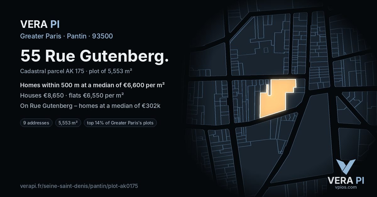 55 Rue Gutenberg, Pantin at night – the plot lit, the parcels around coloured by the prices near them