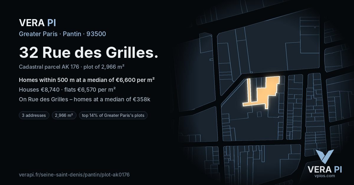 32 Rue des Grilles, Pantin at night – the plot lit, the parcels around coloured by the prices near them