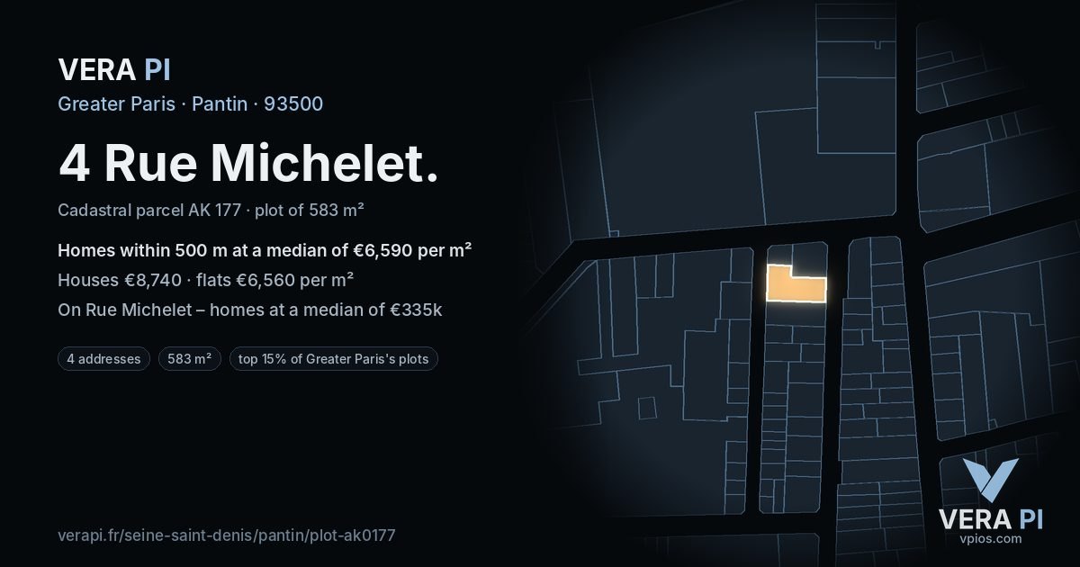4 Rue Michelet, Pantin at night – the plot lit, the parcels around coloured by the prices near them